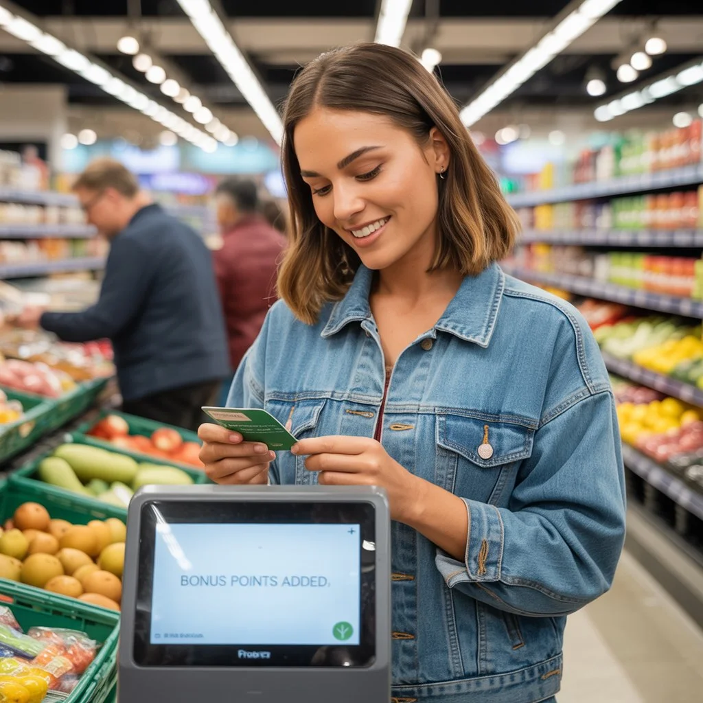 Vrouw scant klantenkaart in supermarkt terwijl bonuspunten worden toegevoegd – illustratie van Privacyzorgen over klantenkaarten en hoe persoonlijke gegevens worden verzameld bij loyaliteitsprogramma’s