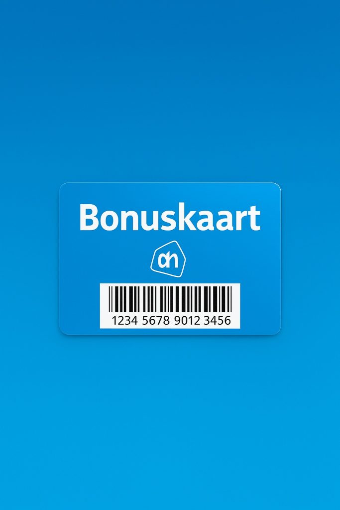 Albert Heijn Bonuskaart met barcode op een blauwe achtergrond – ideaal voor scannen aan de kassa en het activeren van bonusaanbiedingen.