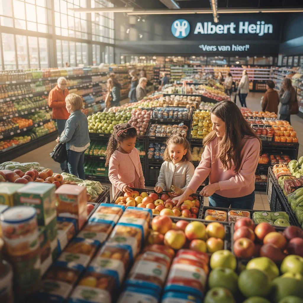Shoppers winkelen bij Albert Heijn Bonuskaart storing, profiteren van kortingen op versproducten.
