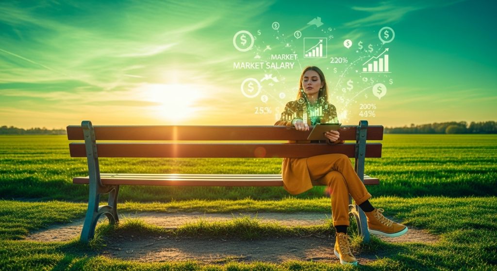 Salarisverhoging Onderhandelen: 5 Strategieën Die Werken 5 Een prachtig realistisch beeld van een bankje in een Eindhoven park bij zonsondergang met gouden tinten over groene velden, waar een jonge professional (20 jaar, in trendy kleding) een tablet met salarisdata bekijkt, omringd door een subtiele glans van financiële groeisymbolen, ideaal voor salarisverhoging onderhandelen