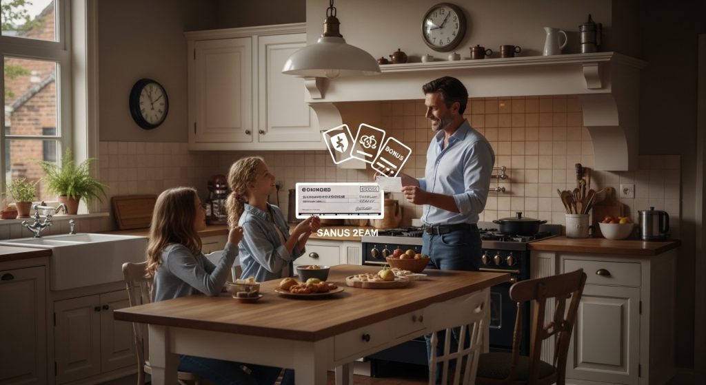 Salarisverhoging Onderhandelen: 5 Strategieën Die Werken 6 Een mooi realistisch beeld van een traditionele Nederlandse keuken 's avonds (circa 20:52 uur) met een familie die een salarisverhoging viert, waar een trotse vader (40 jaar, in een overhemd) een cheque vasthoudt, met subtiele bonuskaart-iconen, passend bij salarisverhoging onderhandelen
