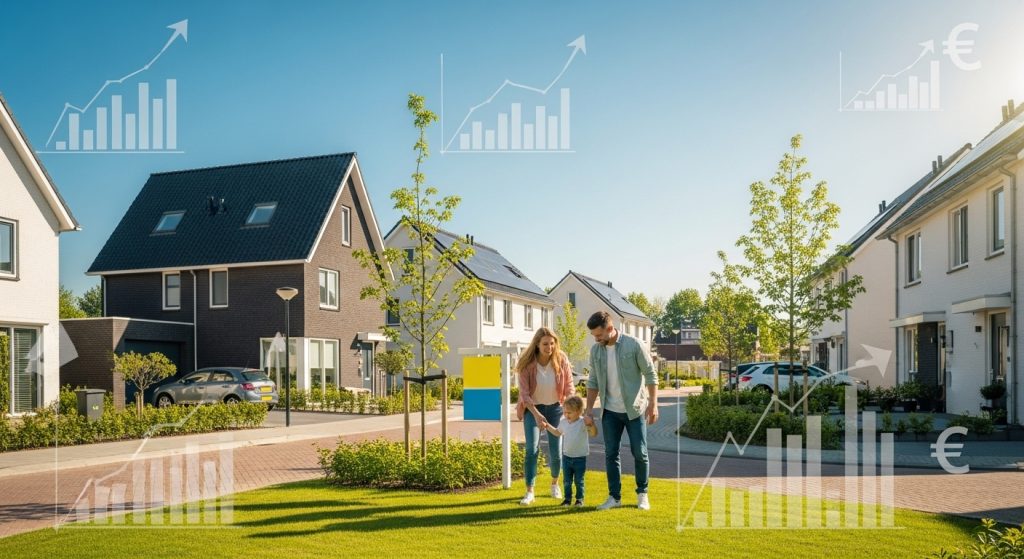 Is Nu de Tijd om te Investeren in Vastgoed in Nederland? 4 "Een jong gezin verkent een moderne nieuwbouwwoning in een gezellige wijk van Eindhoven onder een heldere lucht. Op de achtergrond staan nieuwe huizen en een bord met ‘Te Koop’. Subtiele grafische symbolen van financiële groei zweven in de lucht. De sfeer is warm, hoopvol en gezinsgericht.