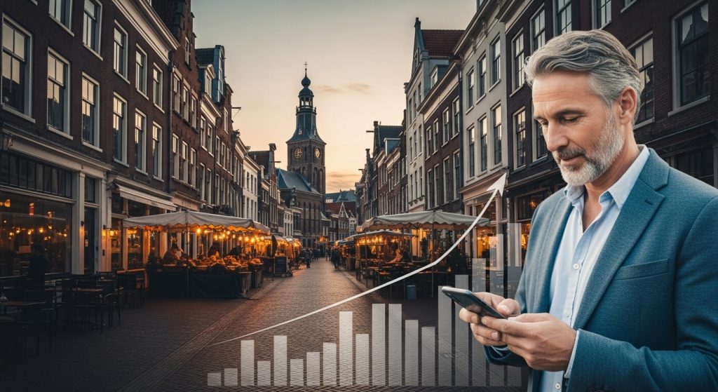 Salarisverhoging Onderhandelen: 5 Strategieën Die Werken 11 Een indrukwekkend realistisch beeld van een Groningse straat bij schemering met historische gebouwen en een levendige markt, waar een professional (40 jaar, in een blazer) een salarisvoorstel bekijkt op een telefoon, met een lichte overlay van stijgende waarde-grafieken, passend bij salarisverhoging onderhandelen."