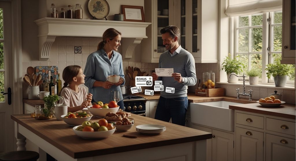 Salarisverhoging Onderhandelen: 5 Strategieën Die Werken 7 Een mooi realistisch beeld van een traditionele Nederlandse keuken 's avonds (circa 20:52 uur) met een familie die een salarisverhoging viert, waar een trotse vader (40 jaar, in een overhemd) een cheque vasthoudt, met subtiele bonuskaart-iconen, passend bij salarisverhoging onderhandelen.