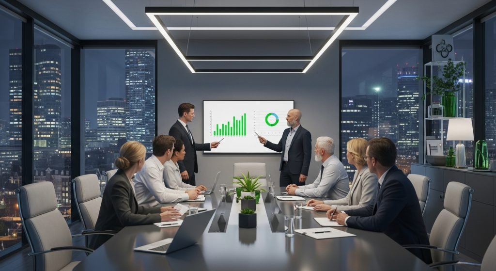 Salarisverhoging Onderhandelen: 5 Strategieën Die Werken 8 Een scherp realistisch beeld van een strakke Amsterdamse vergaderzaal met stadsaanzicht 's nachts, waar een divers team (verschillende leeftijden) een salarisverhoging onderhandelt, met een leider die een grafiek presenteert op een scherm, relevant voor salarisverhoging onderhandelen.