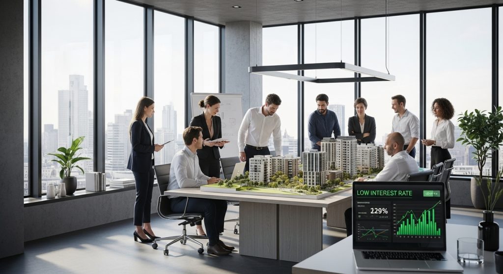 Is Nu de Tijd om te Investeren in Vastgoed in Nederland? 6 "Een team van financiële adviseurs in een modern Amsterdams kantoor bespreekt een 3D-model van een vastgoedproject. Door grote ramen is de skyline van Amsterdam zichtbaar. Op een laptop verschijnt data over lage rentetarieven. De sfeer is professioneel en toekomstgericht
