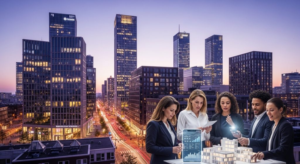 Is Nu de Tijd om te Investeren in Vastgoed in Nederland? 2 Een diverse groep investeerders (twintigers tot veertigers) bespreekt een vastgoedmodel op straat in Utrecht bij zonsondergang. Op de achtergrond staan moderne gebouwen van de skyline verlicht in paarse en gouden tinten. Een smartphone toont oplichtende vastgoeddata. De scène straalt ambitie, samenwerking en groei uit