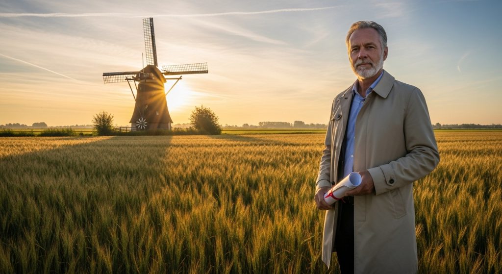 Is Nu de Tijd om te Investeren in Vastgoed in Nederland? 5 Een ervaren Nederlandse investeerder van in de vijftig staat in een gouden veld bij zonsopgang met een eigendomsakte in de hand. Op de achtergrond draait een traditionele molen langzaam in een klassiek Hollands landschap. De warme kleuren en het licht symboliseren kansen en groei.