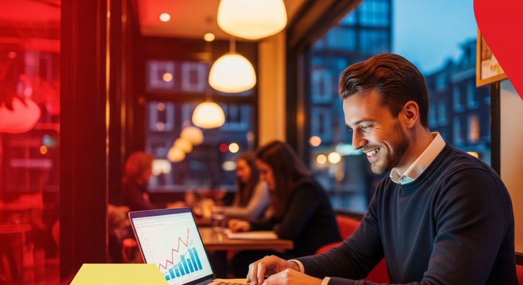 Salarisverhoging Onderhandelen: 5 Strategieën Die Werken 4 Een levendig realistisch beeld van een bruisende Rotterdamse café bij schemering met warme verlichting, waar een glimlachende man (30 jaar, in een trui) een salarisverhoging bespreekt met een collega, met een laptop met een positieve grafiek, ondersteunend voor salarisverhoging onderhandelen
