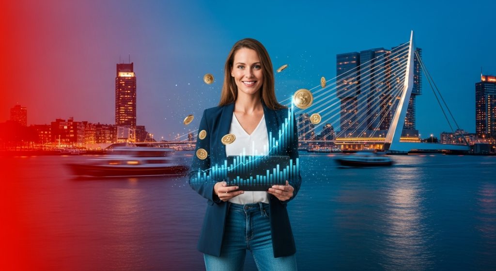 Is Nu de Tijd om te Investeren in Vastgoed in Nederland? 3 Een glimlachende Nederlandse vrouw van rond de dertig staat bij de haven van Rotterdam tijdens de schemering, met de Erasmusbrug op de achtergrond. Ze houdt een tablet vast met een stijgende grafiek, omgeven door een subtiele glinstering van munten. De sfeer is modern, ambitieus en professioneel.