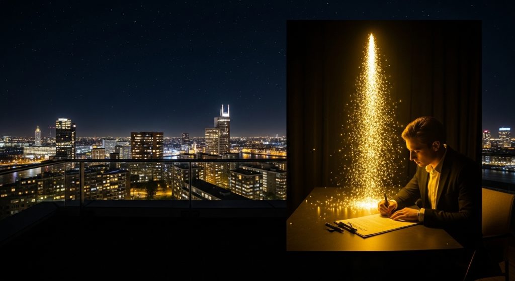 Salarisverhoging Onderhandelen: 5 Strategieën Die Werken 9 Een boeiend realistisch beeld van een Rotterdamse dakterras onder een sterrenhemel met stadslichten, waar een jonge ondernemer (20 jaar, in stijlvolle kleding) een nieuw contract tekent, met een cascade van gouden licht symboliserend een salarisboost, ideaal voor salarisverhoging onderhandelen