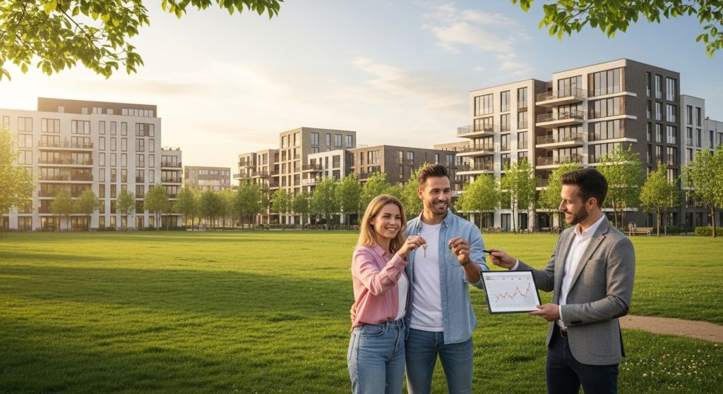 Is Nu de Tijd om te Investeren in Vastgoed in Nederland? 8 Een blij stel van rond de 30 houdt sleutels vast in een park in Utrecht, terwijl een makelaar een marktanalyse toont. Op de achtergrond staan nieuwe appartementen. De sfeer is optimistisch en rustig, met frisse groene en zachte roze tinten.