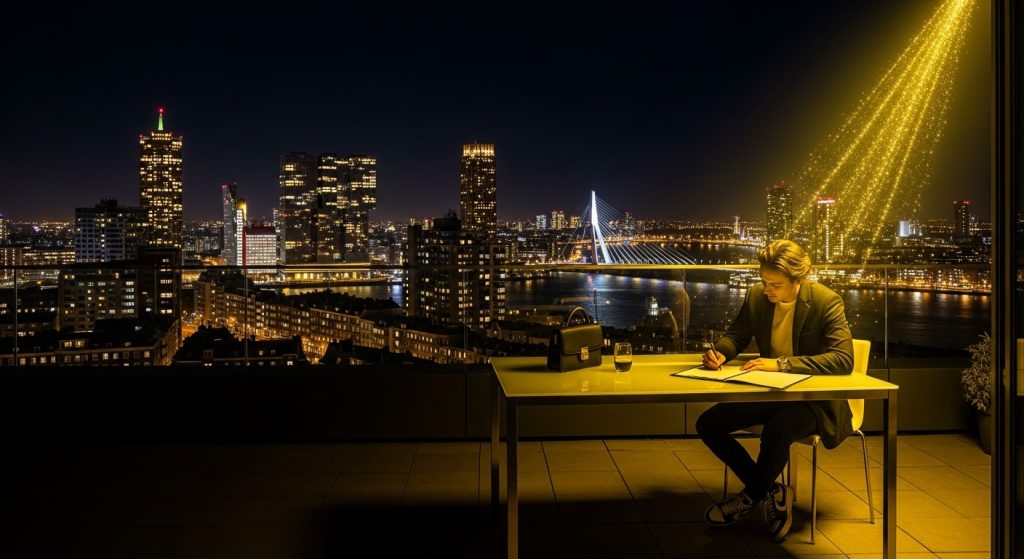 Is Nu de Tijd om te Investeren in Vastgoed in Nederland? 7 Een jonge ondernemer tekent 's nachts een vastgoedcontract op een modern dakterras in Rotterdam, met twinkelende stadslichten op de achtergrond. Gouden licht symboliseert winst en toekomstig succes. De sfeer is ambitieus, stijlvol en nachtelijk dynamisch.