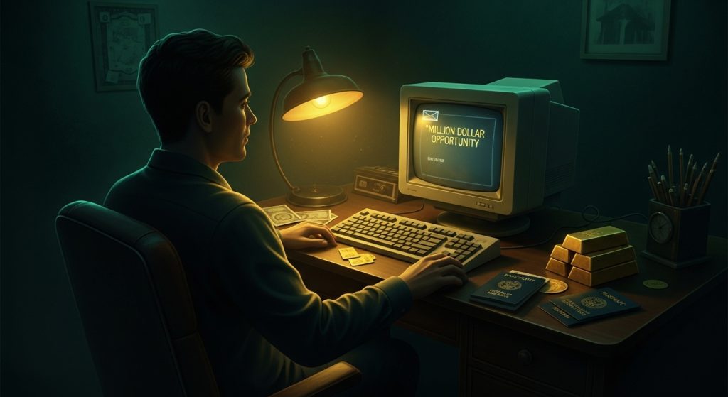 Waarom Snel Rijk Worden Schema’s Nooit Werken 4 Man zit aan donker bureau met oude computer waarop verdachte e-mail staat, omgeven door nepgoud, flikkerend licht en geheimzinnige sfeer – representatie van internetfraude.