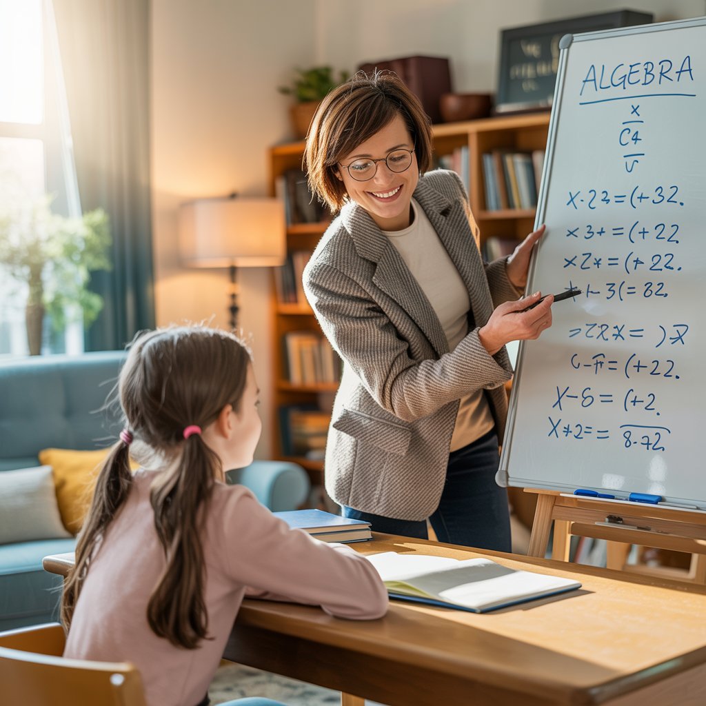Bijbaantjes die Je Rijk Kunnen Maken: Begin Vandaag! 5 “Nederlands bijlesdocent legt wiskunde uit op whiteboard in heldere woonkamer, leerling kijkt aandachtig.”