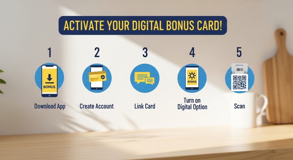 Infographic op een zacht verlicht keukenaanrecht toont vijf stappen voor het activeren van de digitale Bonuskaart, met blauwe en gele tinten, boodschappeniconen en de tekst “Activeer Je Digitale Bonuskaart!