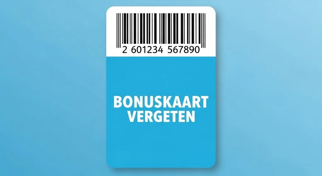 Tijdelijke blauwe Albert Heijn-kaart met barcode en de tekst 'Bonuskaart vergeten? Scan mij!', gefotografeerd op een winkelkar in een supermarktomgeving.