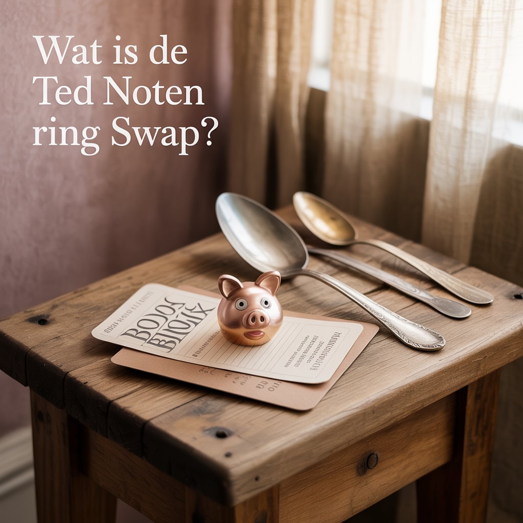 Een rustieke museumtafel met zacht licht toont een Miss Piggy-ring naast een geruilde bonuskaart en een kromme lepel, in warme beige en roze tinten voor een foodblog-sfeer, met een “Wat is de Ted Noten Ring Swap?” overlay die de Ted Noten ring swap benadrukt.