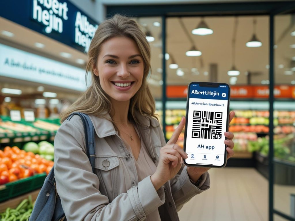 Verleng je korting bij Albert Heijn? Zo haal je meer uit je Bonus kaart 2 Een vrouw toont haar digitale Albert Heijn Bonuskaart op haar smartphone bij de ingang van de winkel, klaar om kortingen te scannen.