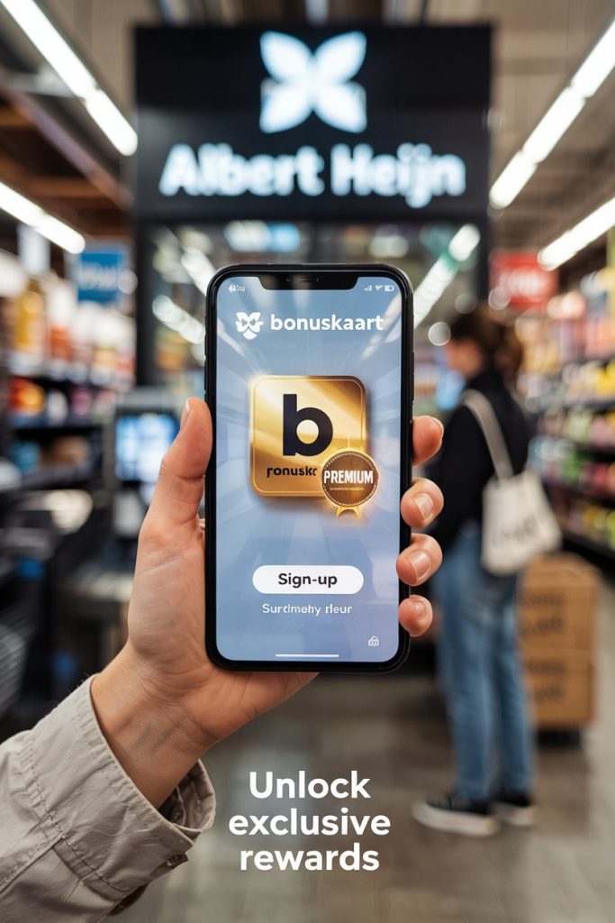 Klant meldt zich aan voor Albert Heijn Bonuskaart Premium via de AH app op smartphone, met weergave van het digitale upgradeproces.